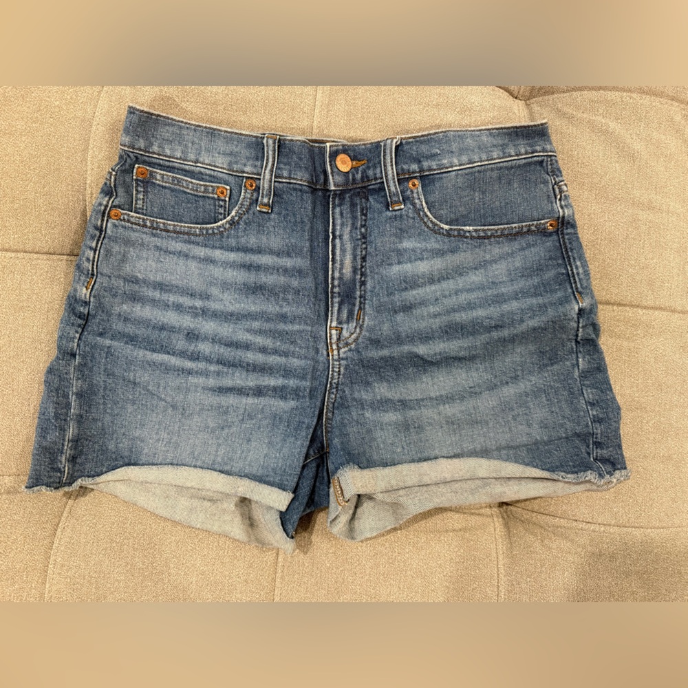J. Crew Blue Denim Shorts with Tan Leather Patch